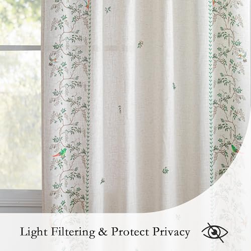 Image of MYSKY HOME Boho Curtains for Bedroom 63 Inch Long Linen Blended Semi Sheer Back Tab Drapes Leaf Bird Bohemian Style Texture Window Treatment for Living Room Decoration, 2 Pcs, Green, 50 inch Wide