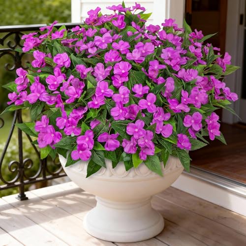 Image of 6 Bundles Artificial Flowers for Outdoors Fake Impatiens, Fuschia | UV resistant, silk flowers, no fade realistic faux plants, outside patio garden porch planters window box balcony home decor