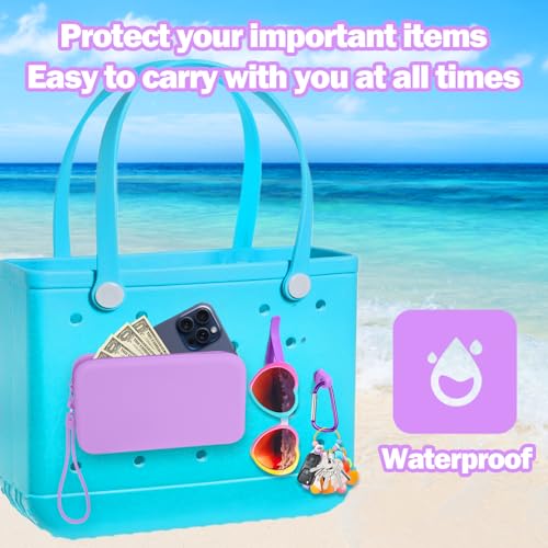 Image of Mity rain Silicone Wallet for Bogg Bag Phone Holder | Accessories Set for Bogg Bag Contain 2PCS Key Holder and Large Capacity Silicone Zipper Bag for Beach Bags Tote Bag (Purple)