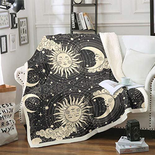 Boho-Decke aus Plüsch, Sonne, Mond, Wolke, Sherpa-Decke für Kinder & Erwachsene, Galaxie-Universum, Sternenhimmel, Fleece-Überwurf, Kreis, Stern, Astronomie, flauschig, für Sofa, Bett, Couch