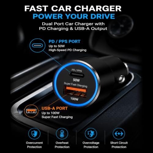 Image of 150W Dual Output Fast Car Charger with Type-C PD & USB, LED Indicator, Adapter & 3 in 1 Cable Compatible with Cars for iPhone & Android Smartphone, Earbud, Power Bank (Black) (Black+3in1cable)