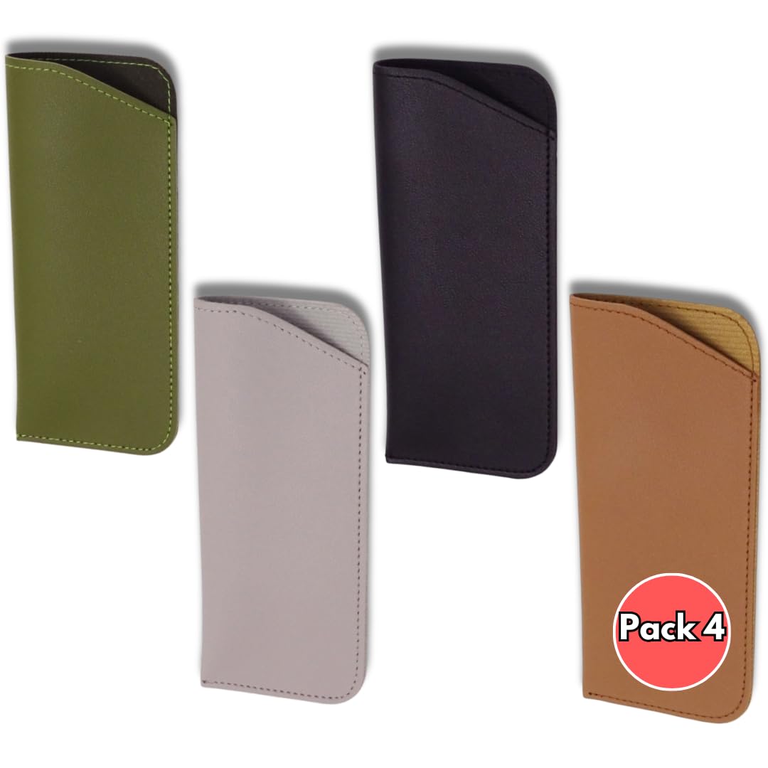 APUKESE (Pack 4) Fundas para gafas universal de piel suave, y duradera para proteger tus gafas de lectura, graduadas y de sol, con tamaño universal de 175mm x 75mm y en 4 colores.