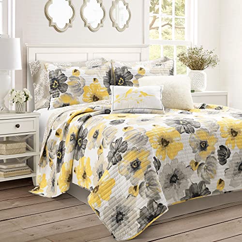 Image of Lush Decor Leah Reversible Floral Quilt Set, 8 Piece Set, King, Yellow & Gray - Charming Floral Bedding Set With Pillow Cases, Decorative Throw Pillows & Bed Skirt- Large Watercolor Flowers