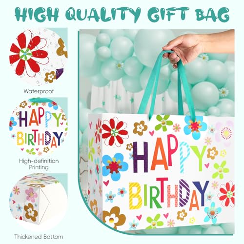 Image of JMANNI Large Happy Birthday Gift Bag with Tissue Papers and Greeting Card, Portable Paper Gift Bags with Handles, Present Bags for Women Girls Birthday Party 13 inch x 10.2 inch x 4.7 inch(Colorful Flowers)