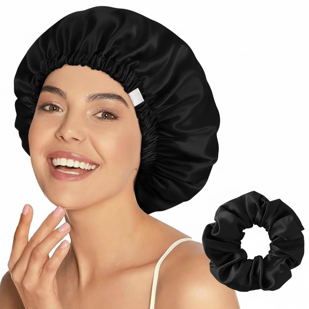 Double Layer Satin Bonnet for Sleeping Women & Men | Adjustable Silk Hair Cap for Curly, Natural & Braided Hair | Soft Sleep & Shower Cap | Frizz-Free Night Bonnet Gift Set (Black)-picture-26