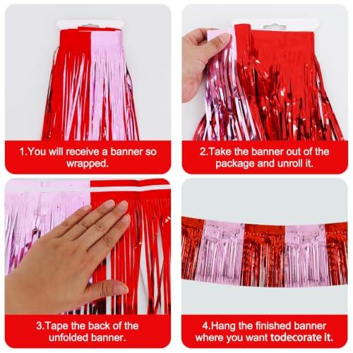 Image of BEISHIDA 3 Pack Red Pink Foil Fringe Garland 30ft Wall Tinsel Banner