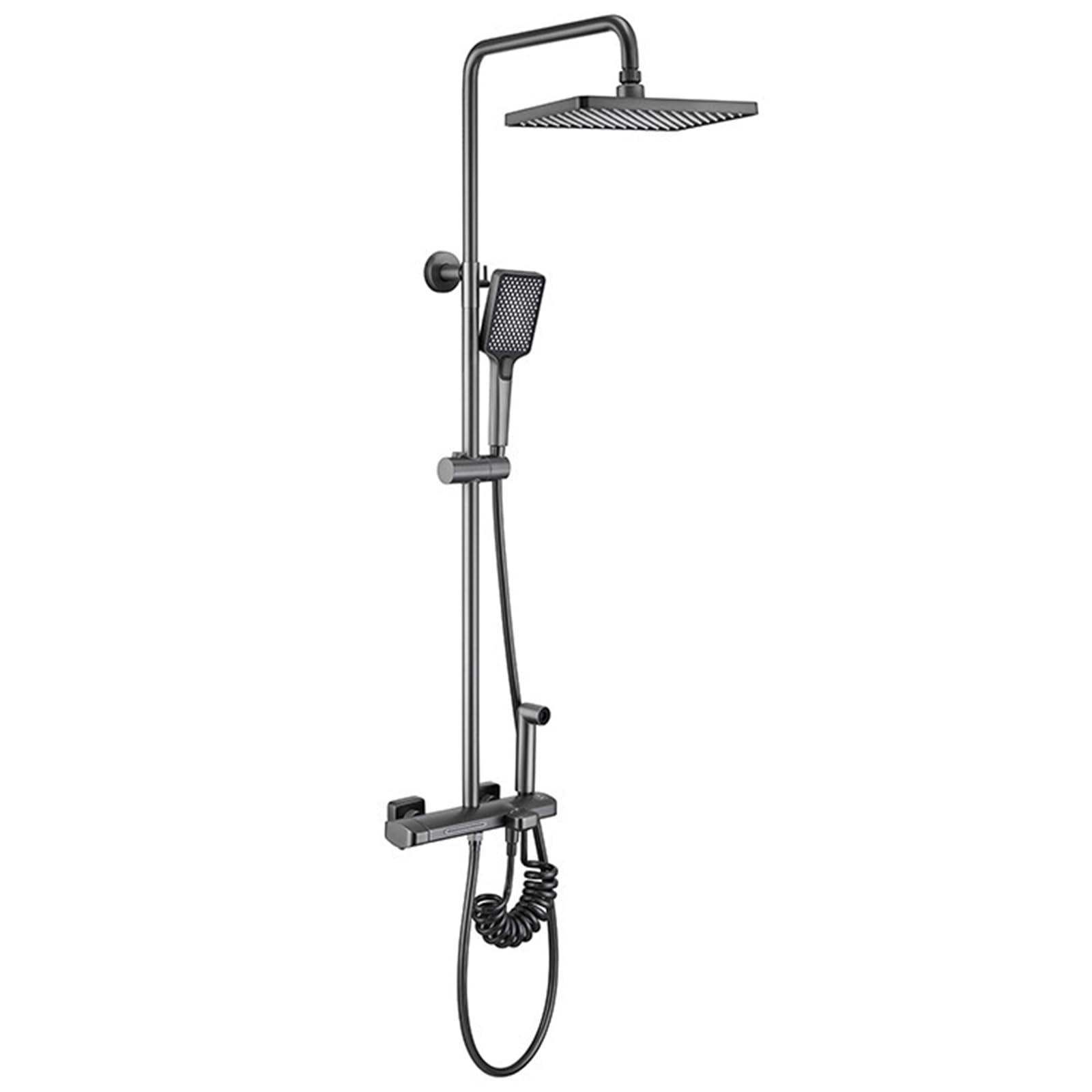 Système de douche thermostatique gris avec bec de baignoire et douchette 4 fonctions