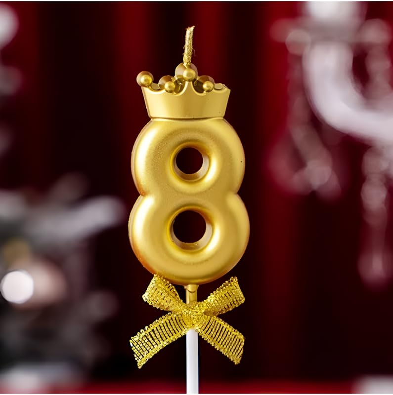 Image of Fun Affairs Number 8 Candle With Crown For Birthday, Wedding, Valentines Day Celebration, Bachelorette Cake Topper For Decoration, 1 Pc, Gold, Wax, Unscented