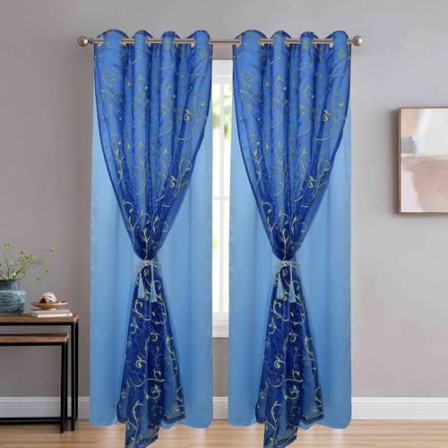 Image of 2 in1 Blackout and Velvet (Parent) (Blue Blackout + Sapphire Bloom, Door Length (6 ft x 4.5 ft), Blackout)