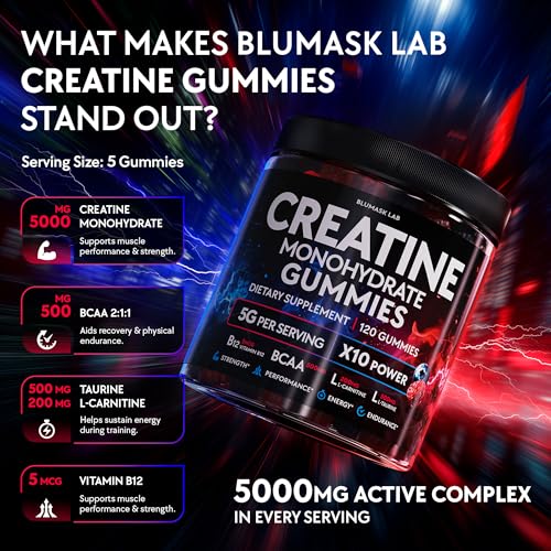Image of Creatine Monohydrate Gummies Complex 5000 MG for Men & Women with BCAA, L-Carnitine, Taurine & Vitamin B12, Strength & Energy Support, Flavored and Chewable
