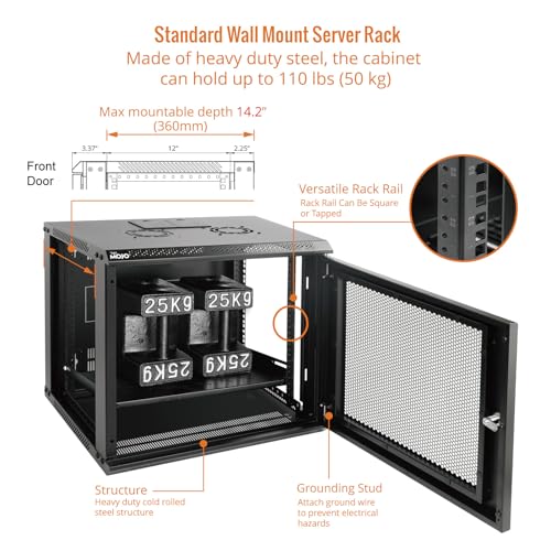Image of Tecmojo 9U Wall Mount Rack Network Cabinet for 19 inch IT Equipment,with Lockable Mesh Door and Side Panels,Cooling Fan,17.7inch Depth,Black