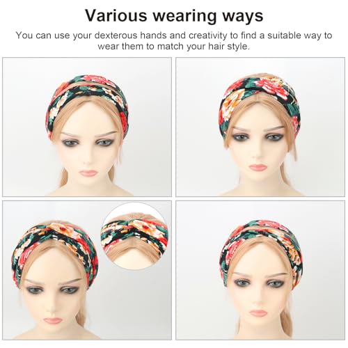 Image of DRESHOW 6 Pack Boho Non-Slip Headbands for Women Girls Yoga Workout Running Knotted Turban Floral Printed Elastic Head Wrap