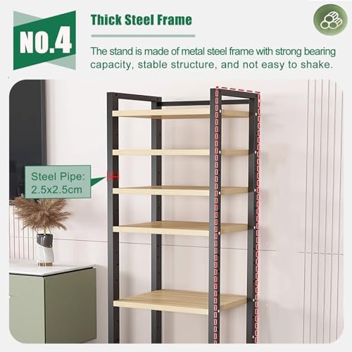 Multi-Tier Audio Equipment Rolling Cart - 8-Tier Media Storage Shelf for Radio, Stereo, TV Box, Cable Box, WiFi Router - Black Wood Cabinet (W50cm)