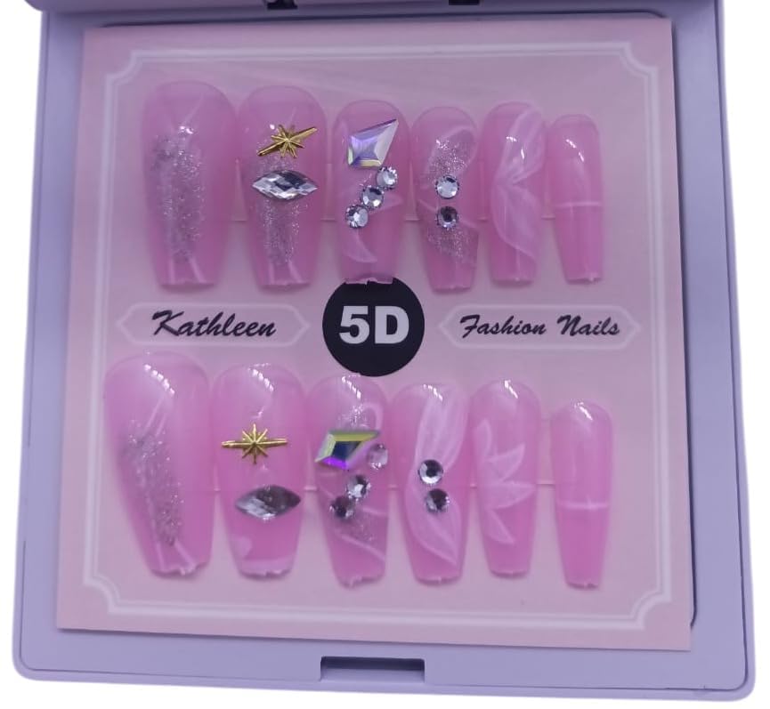 Long Reusable Acrylic False Nail Set with Rhinestones Roses Heart Charms Fashion Stick On Nails | 12PC Nail Set for Women & Girls | Long-Lasting, Artificial Nail (Design 3)