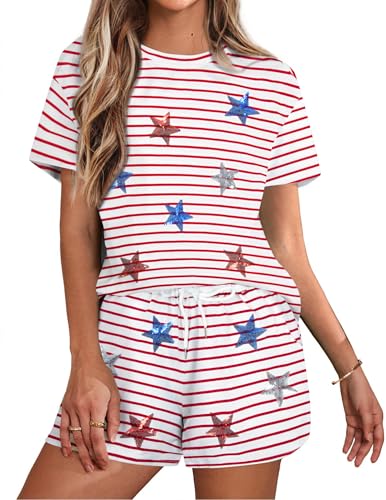 Image of VILOVE 4th of July 2 Piece Sequin Outfits Women 250 Anniversary Usa Shirts and Short Sets Casual Patriotic Shirt Summer Set
