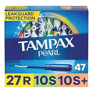Tampax Pearl Tampons Multi Pack, with LeakGuard Braid, Regular/Super/Super Plus Absorbency, Unscented, 47 Count