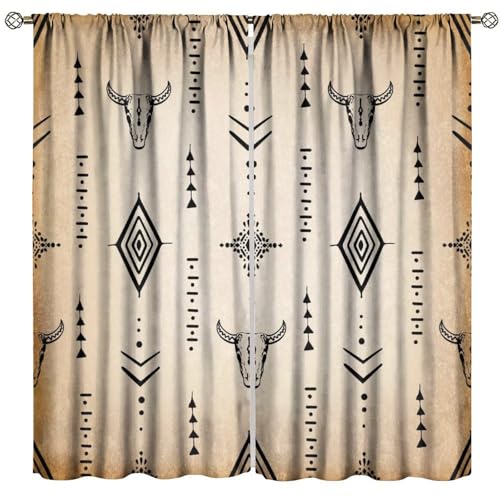 Aztec Blackout Curtains, Western Tribal Bull Skull Native Tribal Boho Design Aztec Pattern Window Drapes, for Living Room Bedroom 21(W)*54(L) 2 Panels