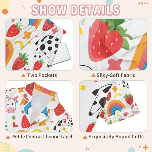 senya Strawberry Rainbow Cow A Satin Summer Pajama Sets Silk Short Sleeve Button Down Sleepwear3
