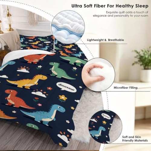Image of Cartoon Dinosaur Comforter Set Twin Size Cute Bedding Set for Kids | Cute Colorful Dino Bedding Set for Boys Girls, All Season Soft Microfiber Bed Set with 1 Comforter 1 Pillowcase