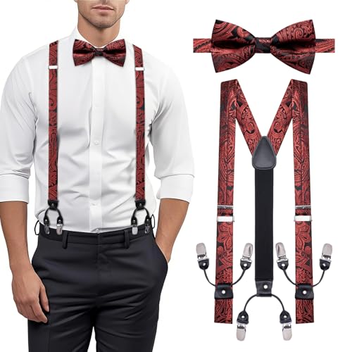 Image of YOHOWA Men Suspenders 6 Clips Strength Adjustable Y Braces Pre-Tied Bow Tie Set Formal Wedding Party