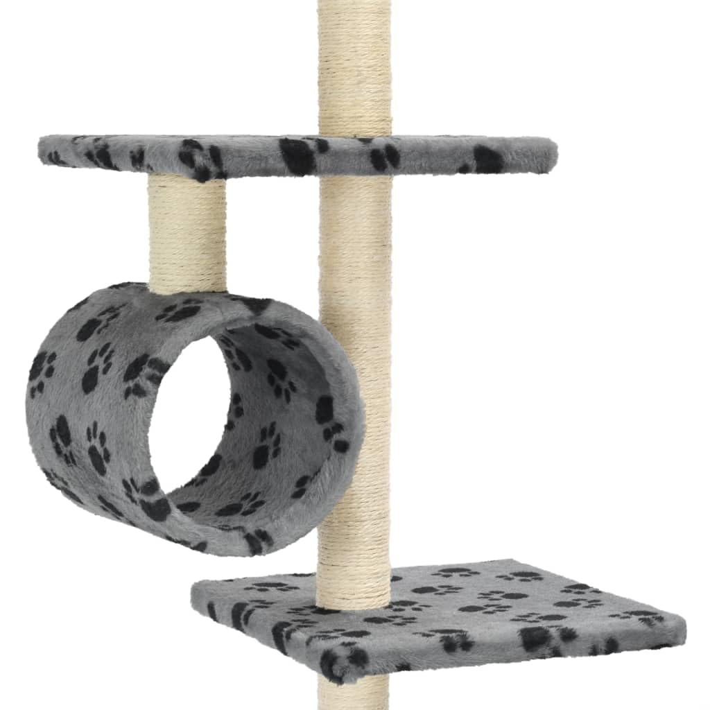 Katzen-Kratzbaum mit Sisal-Kratzsäulen 260 cm hoch, Kletterbaum Gross mit Haus, Zwei Tunneln, Spielzeug und Aussichtsplattformen, Katzenbaum Grau Pfotenabdruck