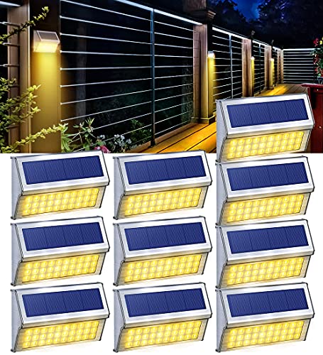 DBF 30 LED Solar Step Lights Outdoor【10 Pack,Warm White】Stainless Steel Solar Fence Post Lights IP65 Waterproof Solar Powered Deck Stair Lighting Auto On/Off Solar Lights for Fence Yard Patio Garden