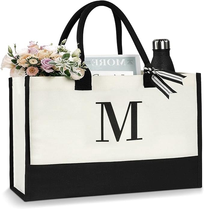Aucuu Bolso De Playa, Grande Impermeable Con Cremallera Bolso De Hombro, Bolsa De Playa De Lona Inicial Personalizada, Bolsa De Asas De Regalo Monogramada Para Las Mujeres-Letra M