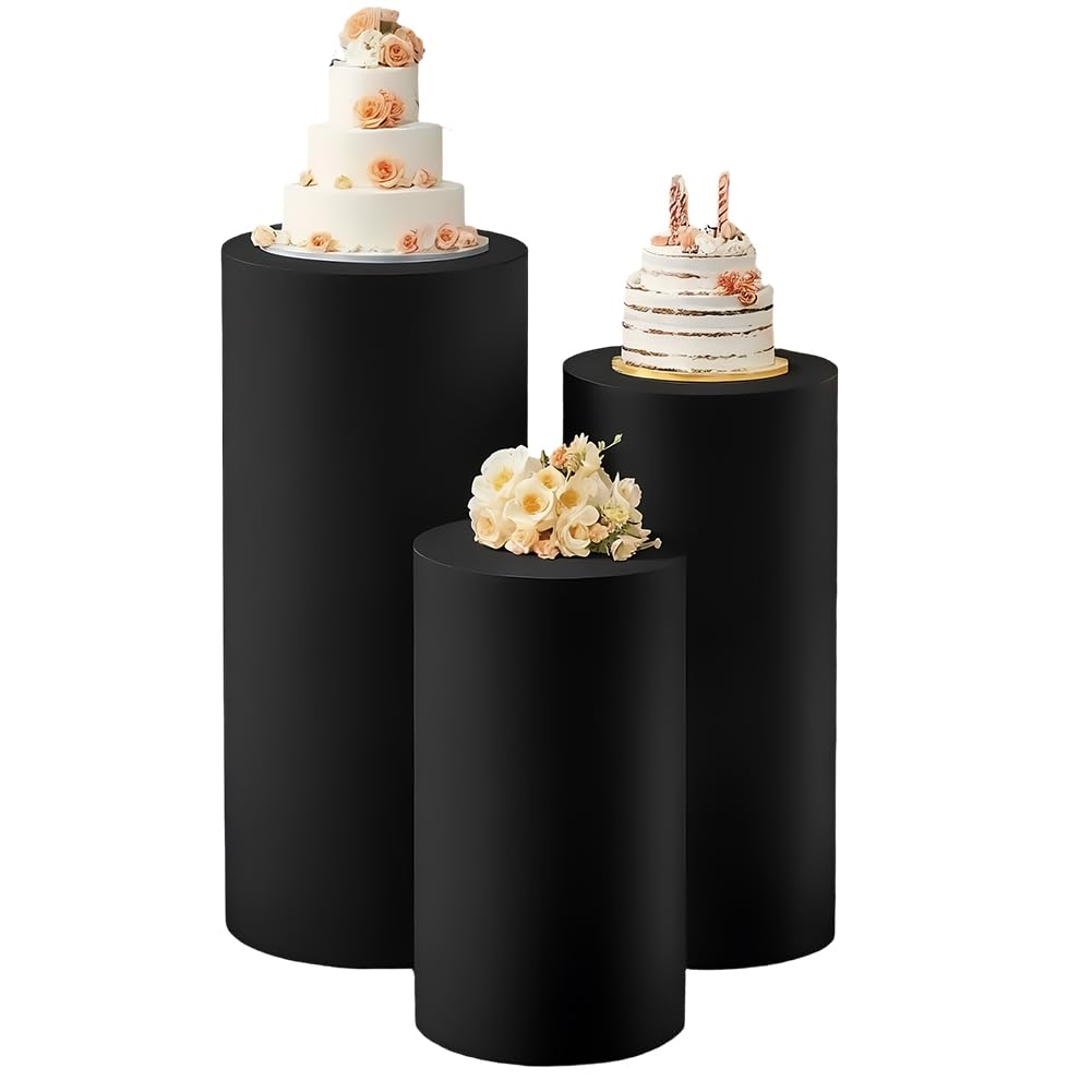 CREATCABIN Juego de 3 funda de Pedestal Cilíndrica Negra de Licra, Funda de Pedestal Cilíndrica Funda de Pedestal de Tela Elástica Redonda para Fiestas de Cumpleaños Decoración de Bodas (Sin Soportes)