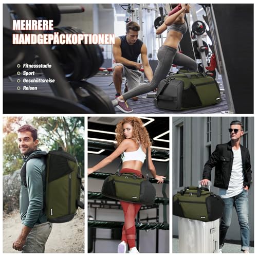 Sporttasche Herren 40L Groß Sporttaschen Reiserucksack Mehrere Taschen Rucksack mit Schuhfach Nassfach Wasserdicht für Schulter und Hand Trainingstaschen Weekender Tasche Sports Bags Armeegrün