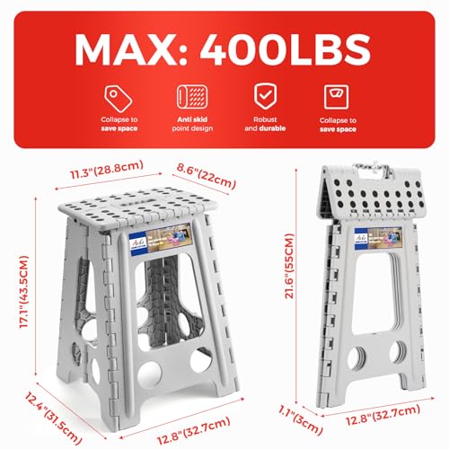 Image of ACKO Folding Step Stool Foldable 17.5 Inch 400 lbs Capacity, Plastic Stools for Adults and Kids, Collapsible Stools for Kitchen, Stepping Stool with Handle(Grey)