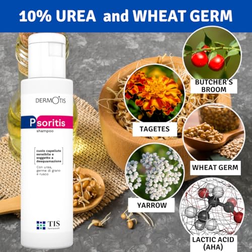 PsoriTIS 10% Urea Shampoo - Seborrhoische und Zu Psoriasis Neigende Kopfhaut | Seborrhoische Dermatitis, Schuppen, Ichthyosis | Juckende, Schuppige, Entzündete Haut | Weizenkeimöl - 2 x 120ml