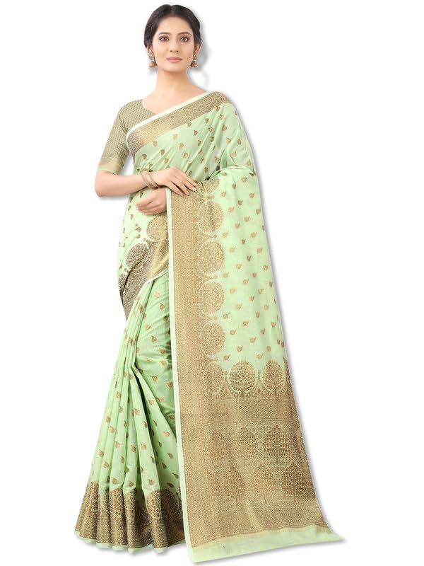 leeza store Womens Silk Cotton Golden Zari Rich Pallu Banarasi Saree With Blouse Piece