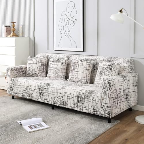 Image of HOKIPO Elastic Stretchable Sofa Cover 4 Seater, Beige Brown Line (NEW-AR-4096-D7)