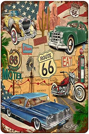 UJM Route 66 Metal Signs Vintage High Way Diner Wall Decor for Home Kitchen Bar Patio Room Garage Retro Tin Poster Plaque 12"x8" Inch