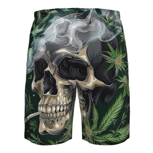 Skull Cannabis Leaf Psychedelic Marijuana Hippie Weed Men's Quick Dry Swim Shorts, Mesh Lined Beach Trunks with Pockets3