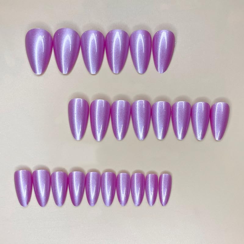 Miniatura 2 de EALGA-SA144 - Uñas postizas a presión violeta nacarada, kit de uñas acrílicas color morado claro, almendra brillante para mujer, 24 piezas