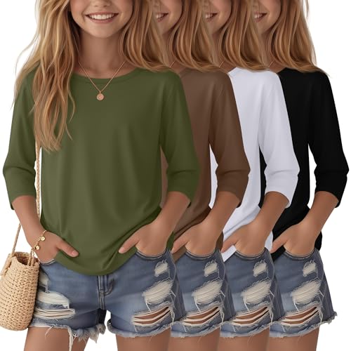 Image of 4 Pack Girls 3 /4 Sleeve T Shirts Kids Crewneck Elbow Sleeve Casual Tops Solid Basic Cute Teen Tees 5-14Y