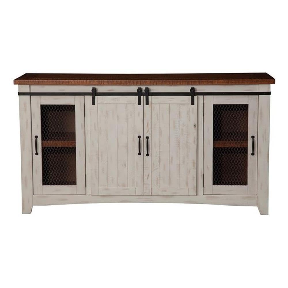 Rustic 65” Solid Wood TV Stand with Storage, White and Aged Distressed Pine