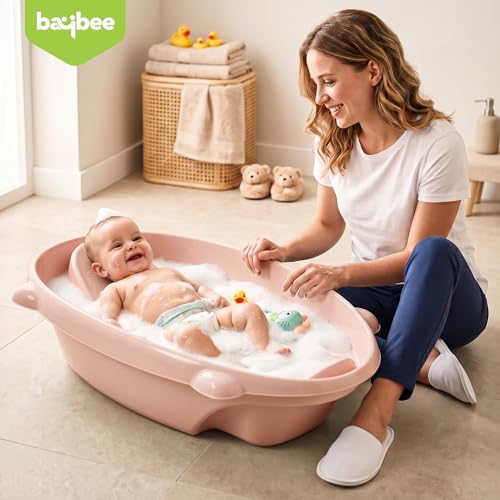 Image of Baybee AquaHug Baby Bath Tub for 0 to 5 Years | Ergonomic Bath Tub for Kids with Anti-Slip Base & Quick Drains | Sitting & Lying Babies Bather & Baby Bathing Tub for Boys Girls (Pink)
