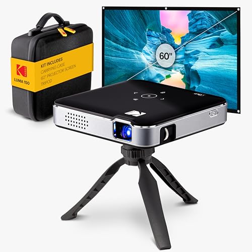 KODAK Luma 150 Complete Kit – Wireless Mini Pocket DLP Projector with Case, Tripod, 60” Screen, Rechargeable Battery, Built-in Speaker, HDMI, USB, MicroSD – Portable & Screen Mirorring (Black)