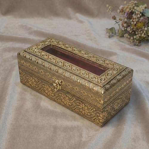 Image of TRENDWAGON Antique Gold Bangle Box with Glass Lid - 11 Inch Wooden Oxidized Jewellery Organizer - Decorative 1-Rod Chudi Case /Kangan Storage Holder for Wedding & Bridal Gift (Gold Floral)
