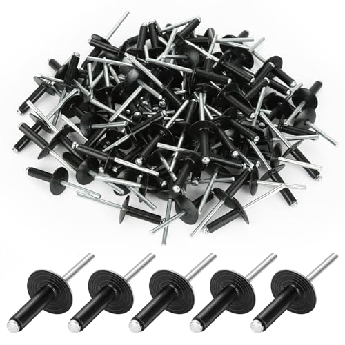 Lot de 100 rivets aveugles en aluminium avec grande bride - 4,8 x 20 mm - Rivets aveugles en aluminium - Grande tête - Noir - Pour bâtiments, bateaux, voitures et meubles
