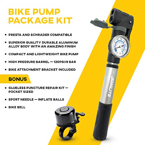 New Mini Bike Pump Portable Bicycle Frame Pump Glue Less Puncture Repair Kit Presta and Schrader Valve Includes Mount Kit Pressure 120 PSI 8 Bar Free Bike Bell Sports Needle Included (New Bike Pump) - Thumbnail 3