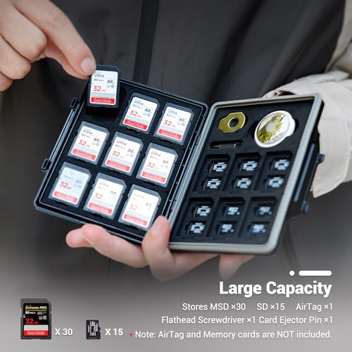 Image of JJC 45 Slots Memory Card Case for 30 Micro SD and 15 SD Cards with AirTag Slot, Water-Resistant Anti-Shock Anti-Dust, Micro SDHC /SDXC TF Card and SD /SDHC /SDXC Holder Organizer Storage