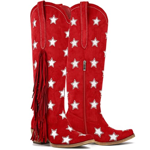 Yolkomo Women's Knee High Cowboy Boots with Fringe Western Cowgirl Boots with Rhinestones Stars