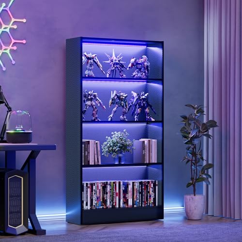 CODACE Tall Wooden Black Bookshelf - Display Shelf with LED Lights Lighted Book Shelf with 4-Tier Shelves Large Display Bookshelves for Collectibles Modern Bookcase for Bedroom Living Room Office