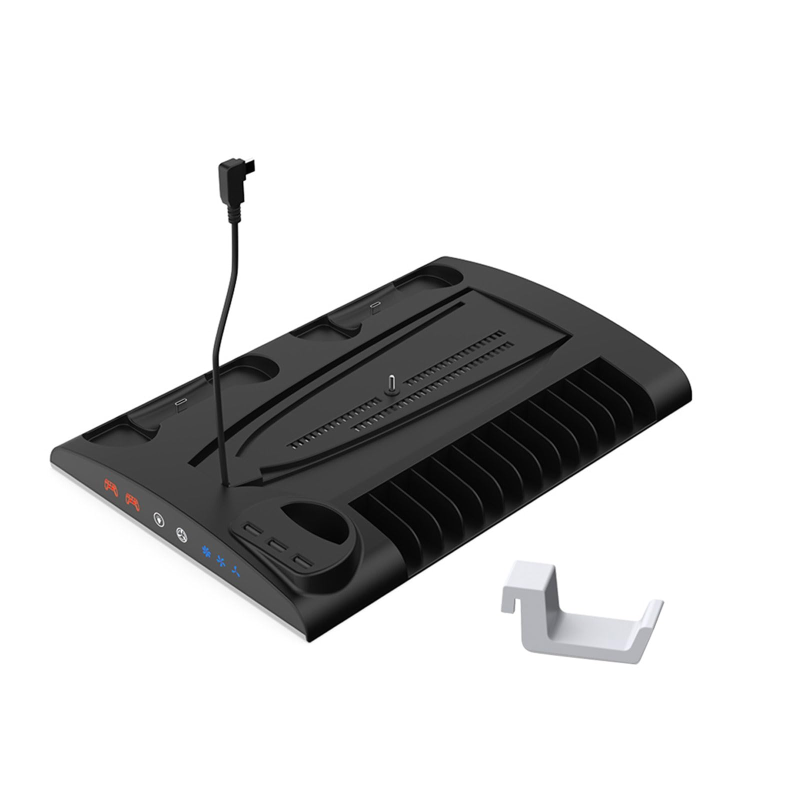 Soporte vertical de consola con soporte para auriculares compatible con ranura para cartucho de juego, ventilador de refrigeración y base de carga para controlador