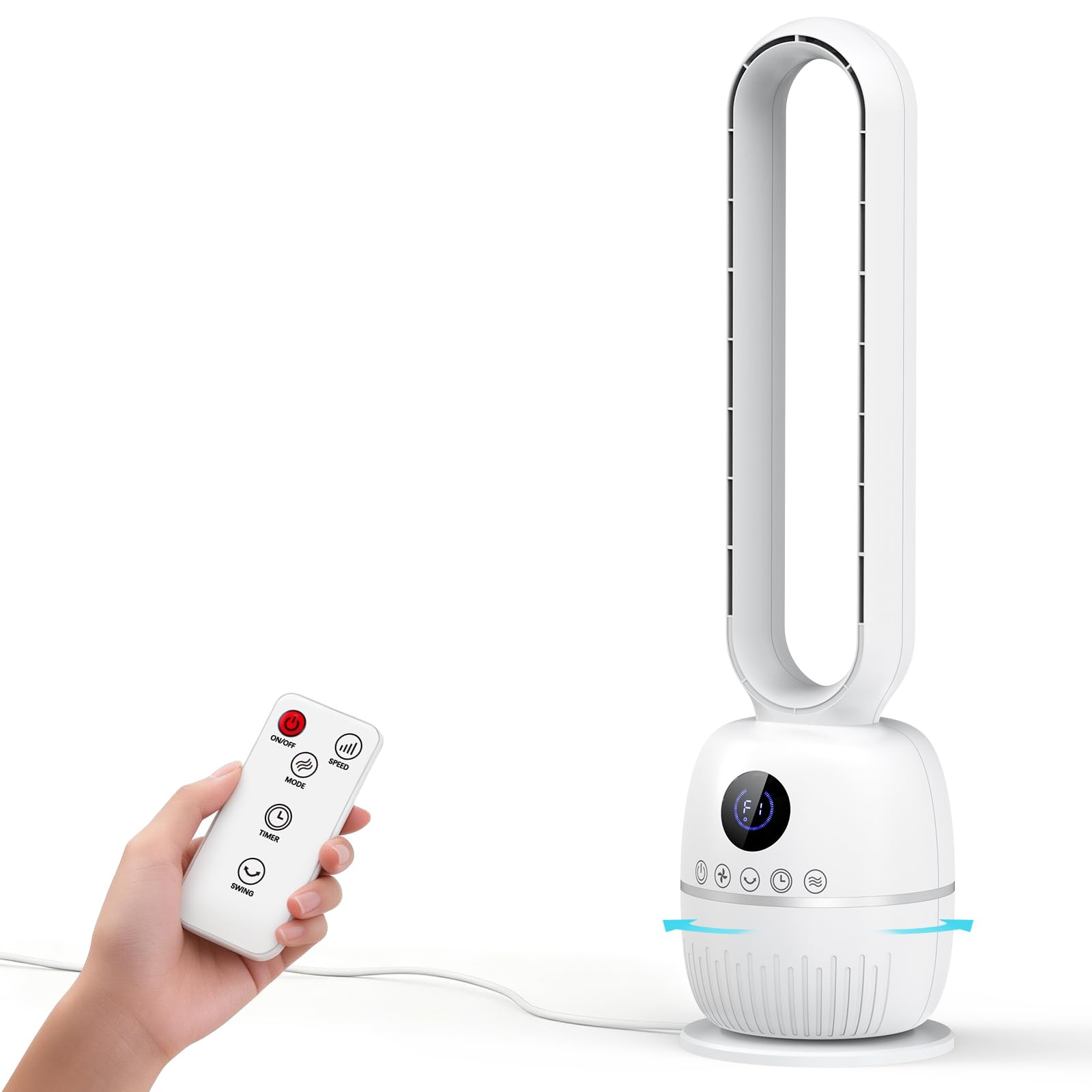 Ventilatore a Torre Senza Pale, 90CM Ventilatore Senza Pale, Motore DC, 12 Velocità, 12H Timer, Telecomando, Display LED, Oscillazione Automatica 60°