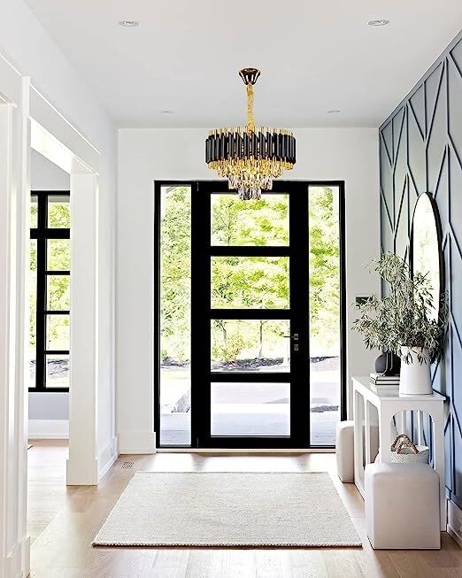 Image of BASLASH Modern Crystal 400mm Chandelier Black and Gold Chandelier Round Chandeliers Pendant Ceiling Light Fixture Flush Mount Chandelier for Dining Room Living Room Bedroom Foyer Hallway Entryway