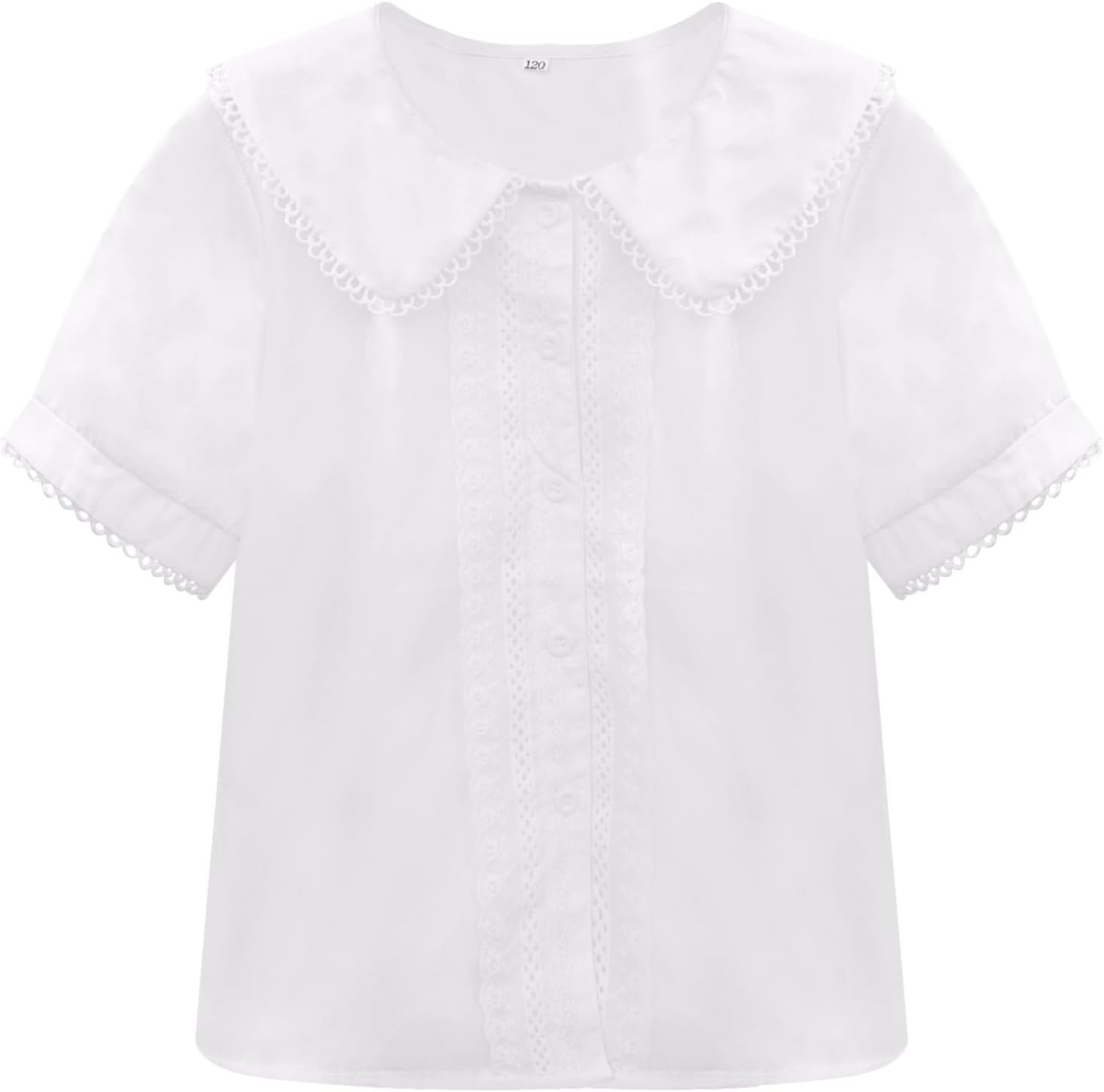 Hansber Kids Girls Lace Trim Button Down Shirts Blouse Casual Short Sleeve Shirts School Uniform Tops